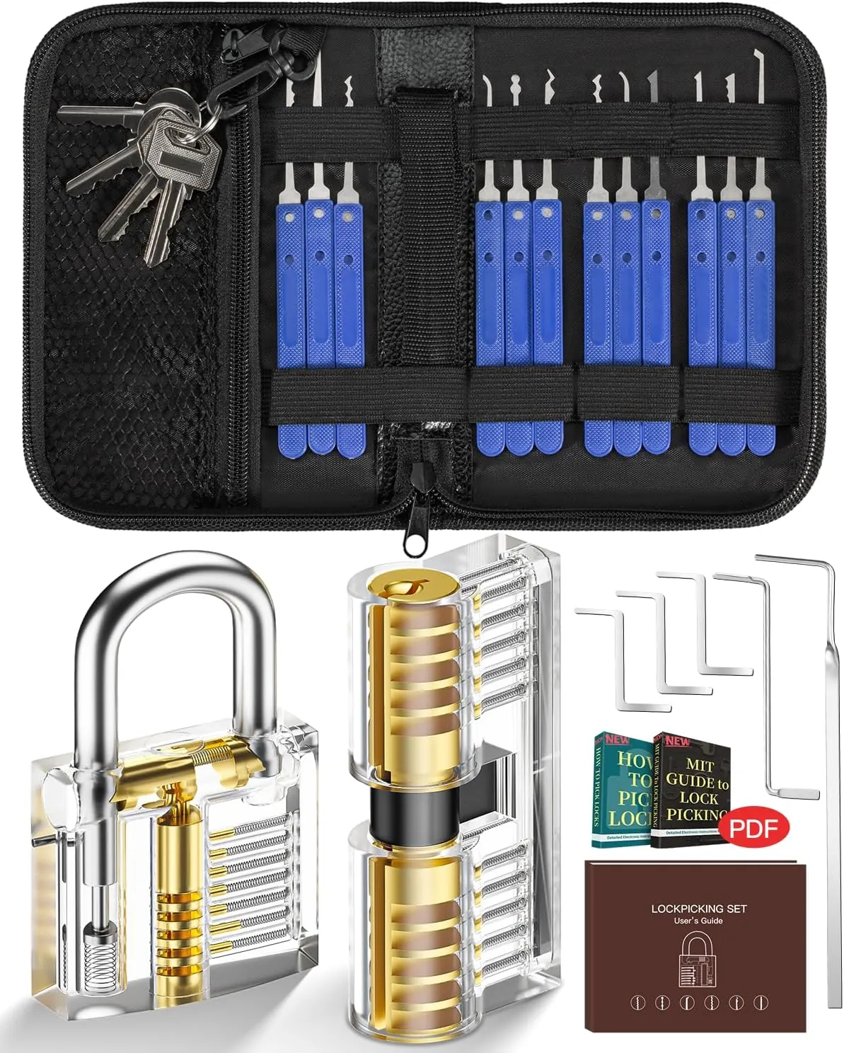 Kit de Crochetage Serrure 25 Pièces avec 2 Serrure Transparente Cadenas, IPSXP Outils D' entraînement Transparents Cadenas avec Sac En Cuir, Outil de Pratique pour Serruriers Débutant et Pro