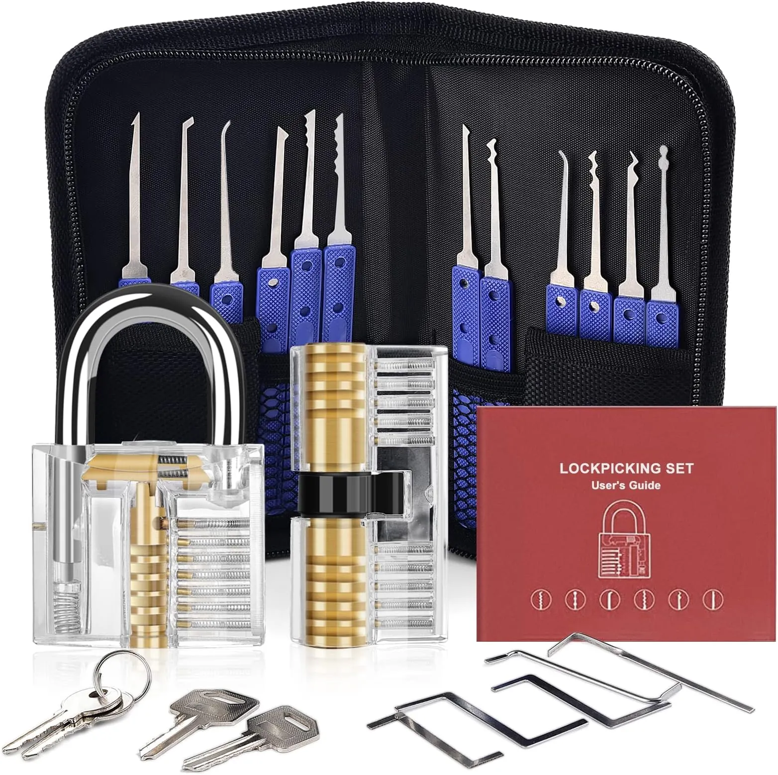 Diyife Kit de Crochetage Serrure 26 Pièces, Lock Picking Kit Outils de D'entraînement avec 2 Serrure Transparente, Poignée en Silicone Bleue Confortable, pour Serruriers Débutant et Pro