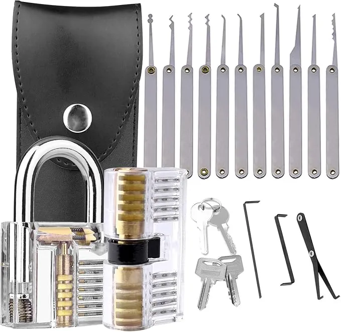 Loboo Idea Lot de 17 outils de crochetage de serrure, kit d'outils de crochetage de cadenas transparent avec 2 serrures d'entraînement transparentes pour serruriers débutants et professionnels
