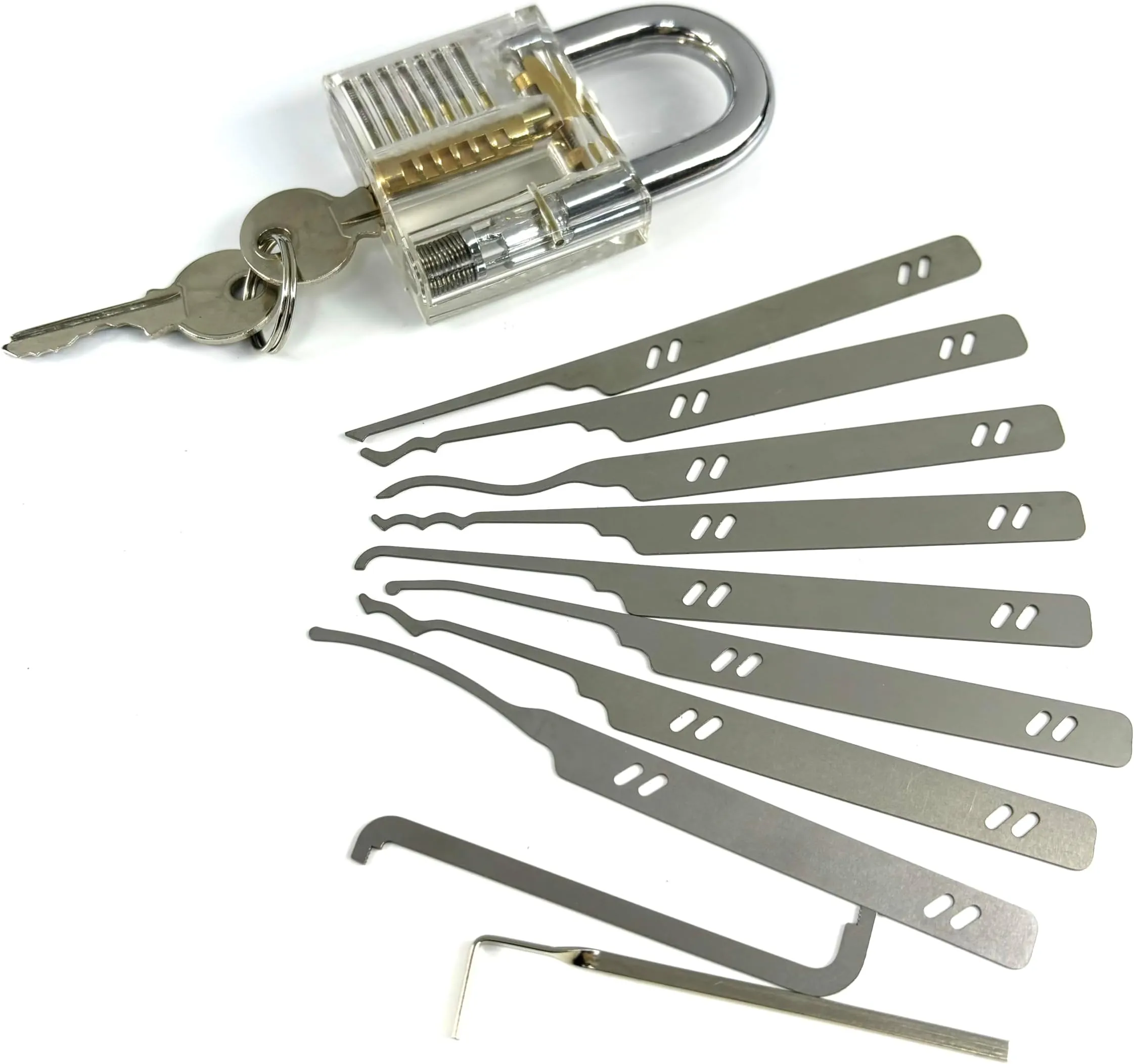 QiDAi Kit de crochetage de serrure avec cadenas transparent, 10 outils de crochetage et 2 clés de tension pour débutant, serrurier